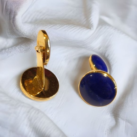 18K GOLD BLUESTONE LAPIS LAZULI DESIGNS ROUND BEZEL CUFFLINKS - Picture 6 of 7